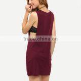 2016 Ladies Summer Sexy Mini Dresses Women Plain Dark Purple Sleeveless V Neck Hollow Out Short Dress thumbnail-3