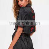 Black Satin Pyjamas Set Button Fastening Fit Crop Shirt With Piping Back Floral Applique And Elasticated Shorts thumbnail-2