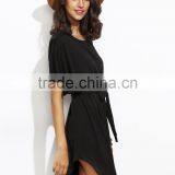 Black Dolman Sleeve Self Tie Curved Hem Dress With Belted Cotton Spandex Short Sleeve Casual Plain Short Dress thumbnail-3