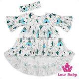 Ruffle Short Front Long Back Casual FAUX SUEDE Baby Dress Printed Father & Bow Headband Kids Designer Frock thumbnail-4