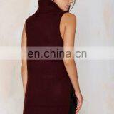 Sexy Burgundy Side Slits Asymmetric Turtleneck Sweater Sleeveless Sweater OEM thumbnail-4