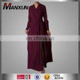 ManXun Modern Muslim Women Maroon Long Abaya Dress With Belt Islamic Kimono Clothing For Ladies thumbnail-1