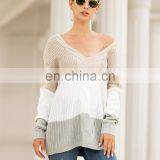 Girls Stylish Deep V Neck Drop Shoulder Colors Computer Knitted Women Loose Fit Pullover Sweater thumbnail-3