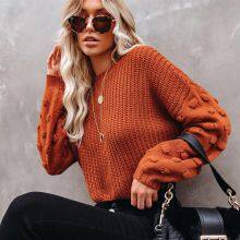 SW10 Women's Oversized Crewneck Sweater Batwing Puff Long Sleeve Cable Slouchy Pullover Jumper Tops thumbnail-3