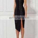 Elegant Women O-neck Sleeveless Asymmetric Hem Black High Sexy Front Split Casual Midi Dress thumbnail-4