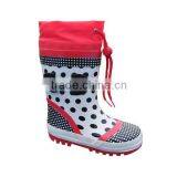 fashionable dot printed kids rain boots with collar,high quality rubber boots with side buckle,customized cheap boots children