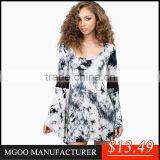 MGOO High Quality 2015 Summer Style Dress Printed For Femininas Trumpet Long Sleeves Scoop A line Blue Tie Dye Change Color Vest