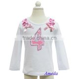 Pink White Polka Dots Ruffles Bling 4th Birthday White Long Sleeves Top 1-7Y thumbnail-1