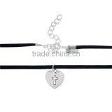 Antique Silver Black Heart Cross 33.5cm Long Velvet Suede Halloween Choker Necklace thumbnail-2