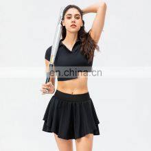 Blank Customize Hot Sale Women Sports Fitness Yoga Suit Short Sleeve Top Match Golf Tennis Set Mini Skirt 2 Piece Tracksuit thumbnail-1