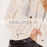 China Women Long Sleeve Sweater Ladder Shoulder Distressed Cropped Jumper White Knitwear Pullover thumbnail-5