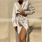 LAITE D2196 Hot Sales Satin Solid Color V-neck High Waist Sexy Dresses Women High Split Maxi Casual Dresses thumbnail-3