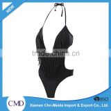 Ladies Swimwear Black Tassel Decorated Halter Brazilian One-piece