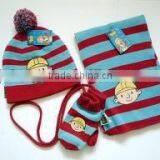Kids Knitted Pom Pom Beanie Hat Scarf Gloves Set