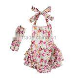Wholesale Boutique Baby Girls Floral Prints Pretty Kids Summer Backless Rompers With Headband thumbnail-3