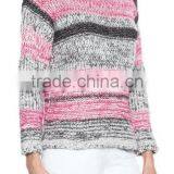 EY0866S Ladies Grey and Pink Striped Pullover Boat Neck Sweater Knitting Pattern thumbnail-2
