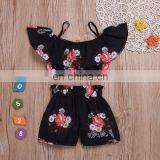 Girl Flowers Print Clothes 3Colors Kids Girls Summer 2pcs Set Strap Tops Shorts Outfits 1-6T thumbnail-4