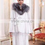 Rex14014 White Women's Rex Rabbit Fur Coat With Fox Collar