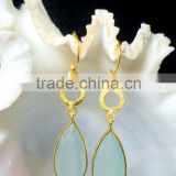 Aqua Chalcedony Long Pear Brass Earrings, Gold Plated Fashion Earrings, Designer Dangle Earrings