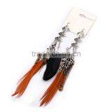 Retro Bohemia Style Three Hollow Sector Shape Alloy Silver Plated Long Tassel Feather Earrings For Women Flamenco