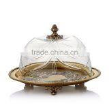 Antique Brass Round Cupcake Tray With Crackle Glass Cover, Ornamental Bronze Casting Dessert Tray Holder For Tableware thumbnail-1