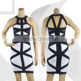 3 Color New Arrival High Quality Geometric Striped Cross Elastic Knitted Bandage Dress Printed Celebrity Party Dress thumbnail-3