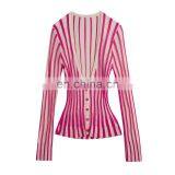 TWOTWINSTYLE Korean Striped Knitted Women Sweater V Neck Long Sleeve Tunic Slim Hit Color thumbnail-1