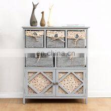 Grey Paulownia Solid Wood Sideboard Drawer Chest With Wicker Baskets thumbnail-3