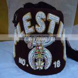 Bullion Fez | Rhinestones Embroidery Fez Hat | Hand Embroidery Bullion Wire Fez in Burgundy Color 3 Row thumbnail-3