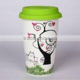Beautiful Double Wall Ceramic Coffee Mug With Silicon Lid thumbnail-1