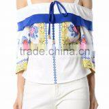 Fashion Design Women Printing Ruffle Tops Cold Shoulder Saree Blouse thumbnail-1