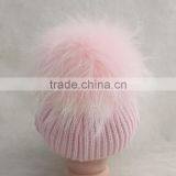 Myfur Baby Pink Striped Pattern Knitting Hat With Real Raccoon Fur Bobble thumbnail-2