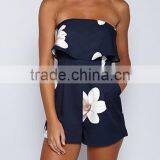 2017 Summer Women's Dark Blue Flowers Printed Hanging Neck Lotus Leaf Side Bra Straps Pants thumbnail-2