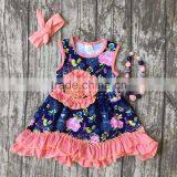 Baby Girls Clothes Kids Wear Summer Coral Yellow Floral Princess Ruffles Dress Cotton Match Accessories Boutique Sleeveless thumbnail-3