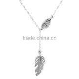 New Fashion Y Shaped Lariat Necklace Silver Plated Leaf Connector Feather Pendant 51.5cm long