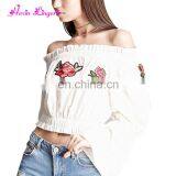 Costum Service Long Horn Sleeve Off Shoulder White Crop Women Tops Blouse thumbnail-1
