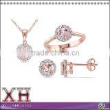 Sterling Silver Morganite and Diamond Halo Earrings Ring and Neckalce Jewelry Set thumbnail-1