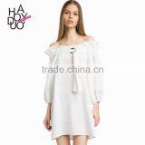 HAODUOYI Sexy Soil White Off Shoulder Women Dress Long Sleeve Sashes Wire Loop Ruffles Ladies Mini Vestidos for Wholesale thumbnail-1