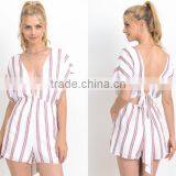 Short Sleeve Striped Designs Backless Summer Romper Deep-v Sexy Rompers for Women thumbnail-1
