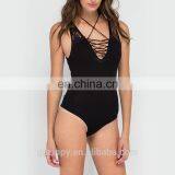 Wholesale Black Stripe Neckline Women Tight Bodysuit thumbnail-2