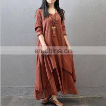 Johnature Cotton Color Women Maxi Dress 2021 Autumn New False Two-piece Long Sleeve Round Neck Loose Plus Size Irregular Dress thumbnail-2