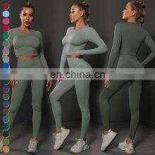 Custom Workout Clothing 2 Piece Suit Knit Long Sleeve Top High Waist Leggings Gym Fitness Sets Seamless Yoga Set For Women thumbnail-5
