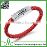 Stainless Steel Braided Red Leather Mens Bracelet Locking Stainless Steel Clasp
