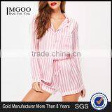 MGOO Custom Pink Stripe Satin Pyjamas High Waist Women Sleepwearing Satin All Over Print Nightwear thumbnail-1