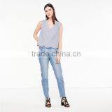 Striped Cotton Top With Wave Cut V-neck and Hem Sleeveless Shirt Tank Tops thumbnail-2