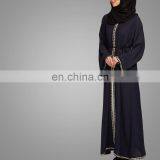 Modest Muslim Women Crepe Cardigan Navy Kimono With Lace Overcoat Open Front Islamic Abaya thumbnail-3
