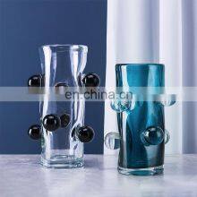 Wholesale Minimalist Table Decor Small Cheap Art Blue Cylinder Clear Glass Flower Vases thumbnail-1