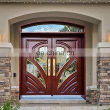 Exterior Home Double Leaf Wooden Front Entry Doors American Modern Round Arch Top Teak Solid Wood Main Front Doors for Houses thumbnail-5