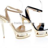 Sexy alluring gold women high heel model sandal 2016 double platform