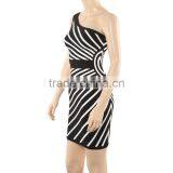 Hot Elastic Knitted Fashion Ladies One Shoulder Black And White Striped Bandage Dress Cocktail Party Dress thumbnail-2